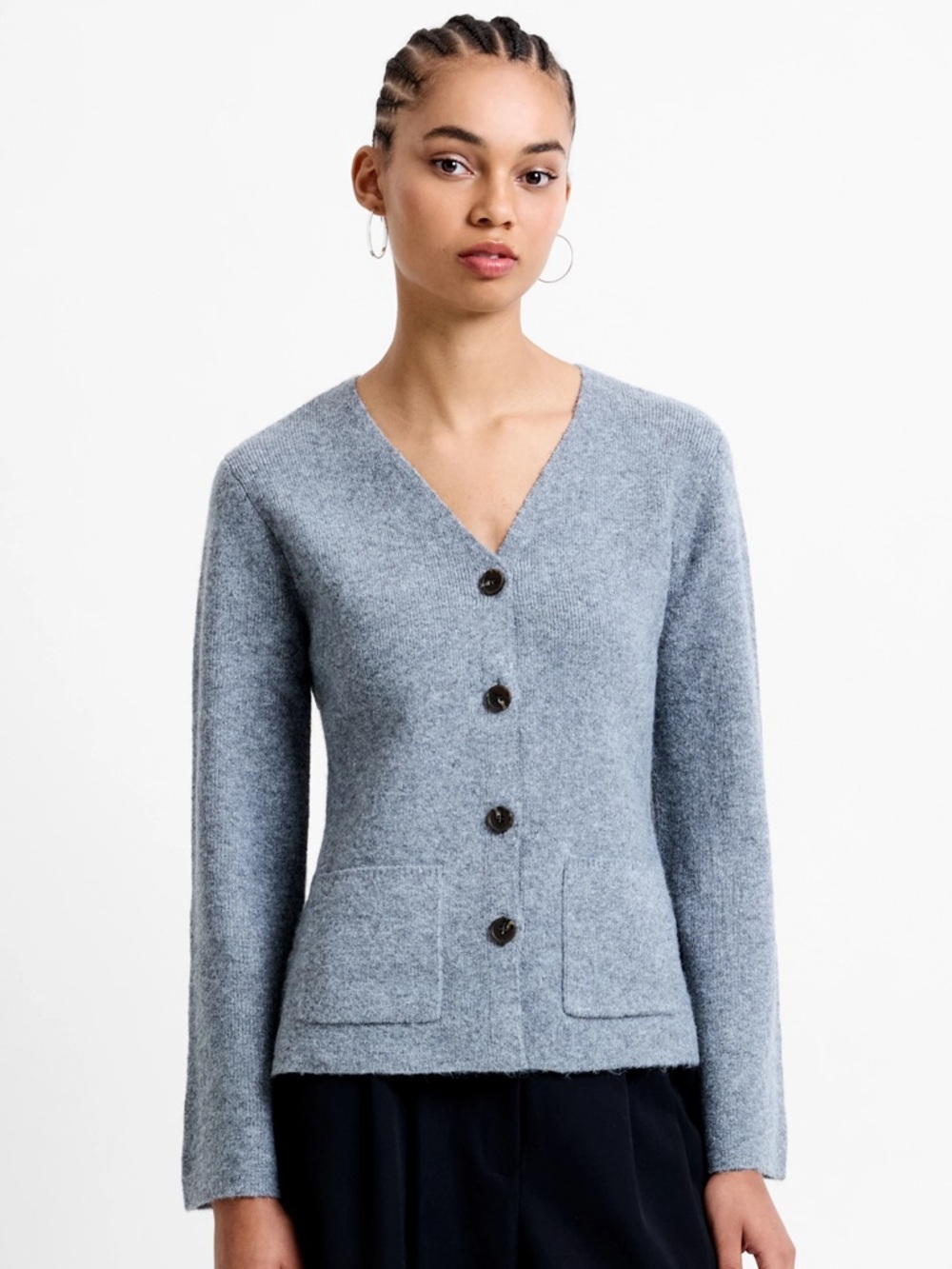 French Connection Light Gray V-Neck Button Cardigan